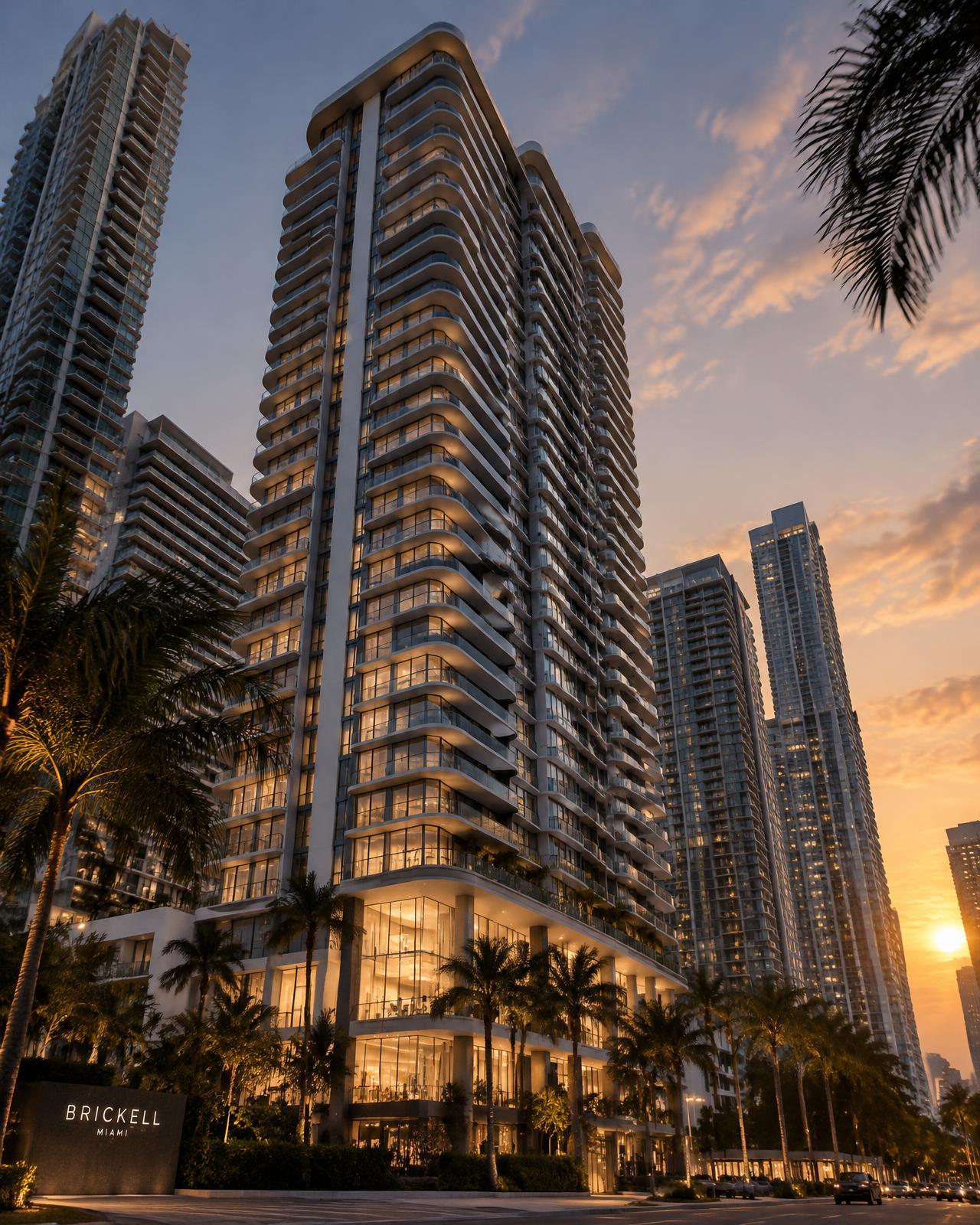 Modern residential tower in Brickell at sunset
